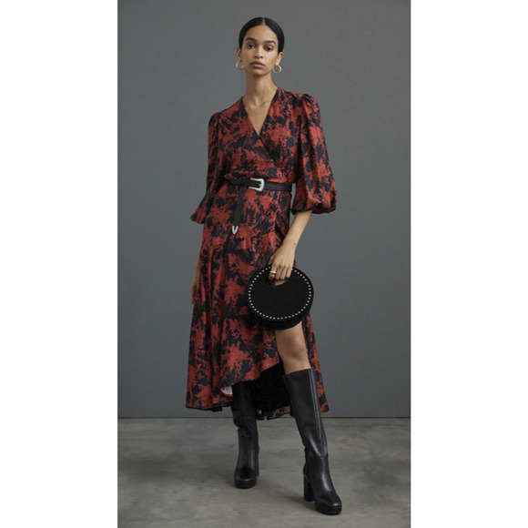 Anthropologie x Caballero Silky Abstract Wrap Midi Dress Red & Black Anthro XS - Picture 3 of 16
